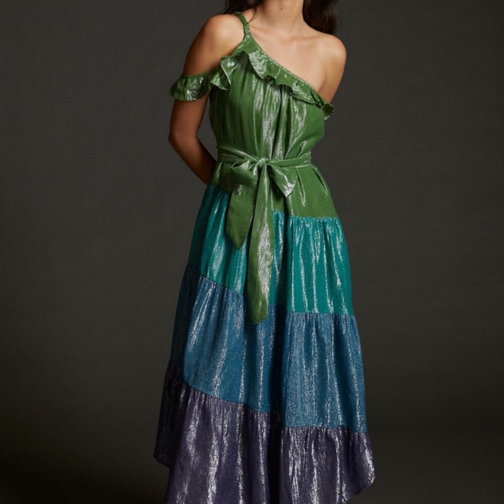 Anthropologie Maeve Ruffled One-Shoulder Metallic Dress - Med NWOT